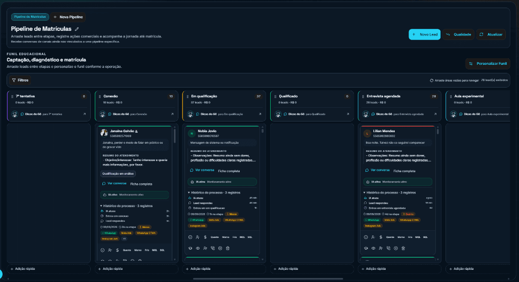 Interface do CRM GerencIA com o funil de matrículas